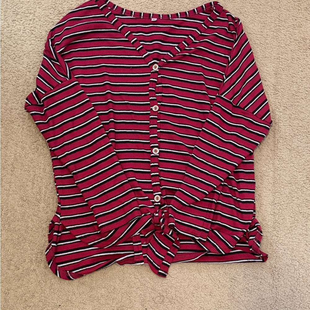 Button-Front Striped Tie-Hem Women’s Blouse - Pink Stripe